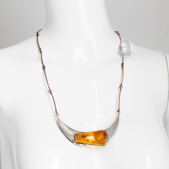 Vintage Necklace with Amber Pendant Abstract Artisan Silver Metal 90s Statement - Picture 3 of 8